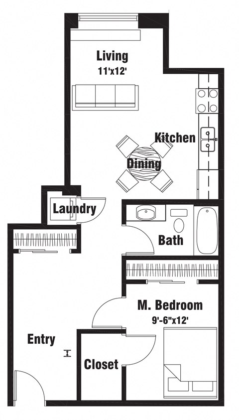 Floor plan for 1 bed, 1 bath, 643 sqft